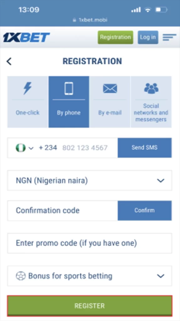 1xbet registration image